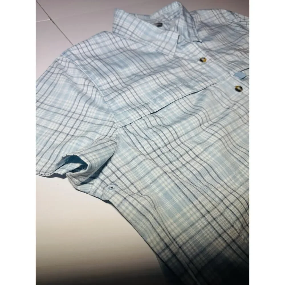 LL Bean Woman’s Tropicwear Shirt Size Small Short Sleeve Sky Blue Plaid - Picture 6 of 12